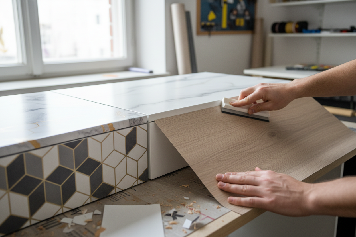 Möbelfolien und sandfarbene Akzente für ein cleanes, cozy Zuhause